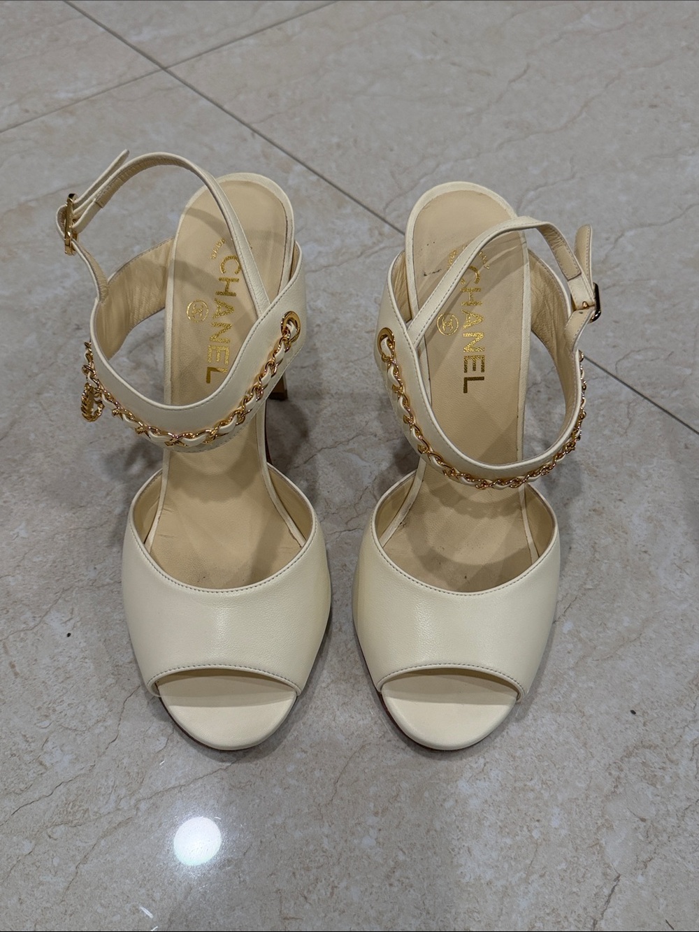 CHANEL Cream Leather Open-Toe Heels with Gold Chain Ankle Strap